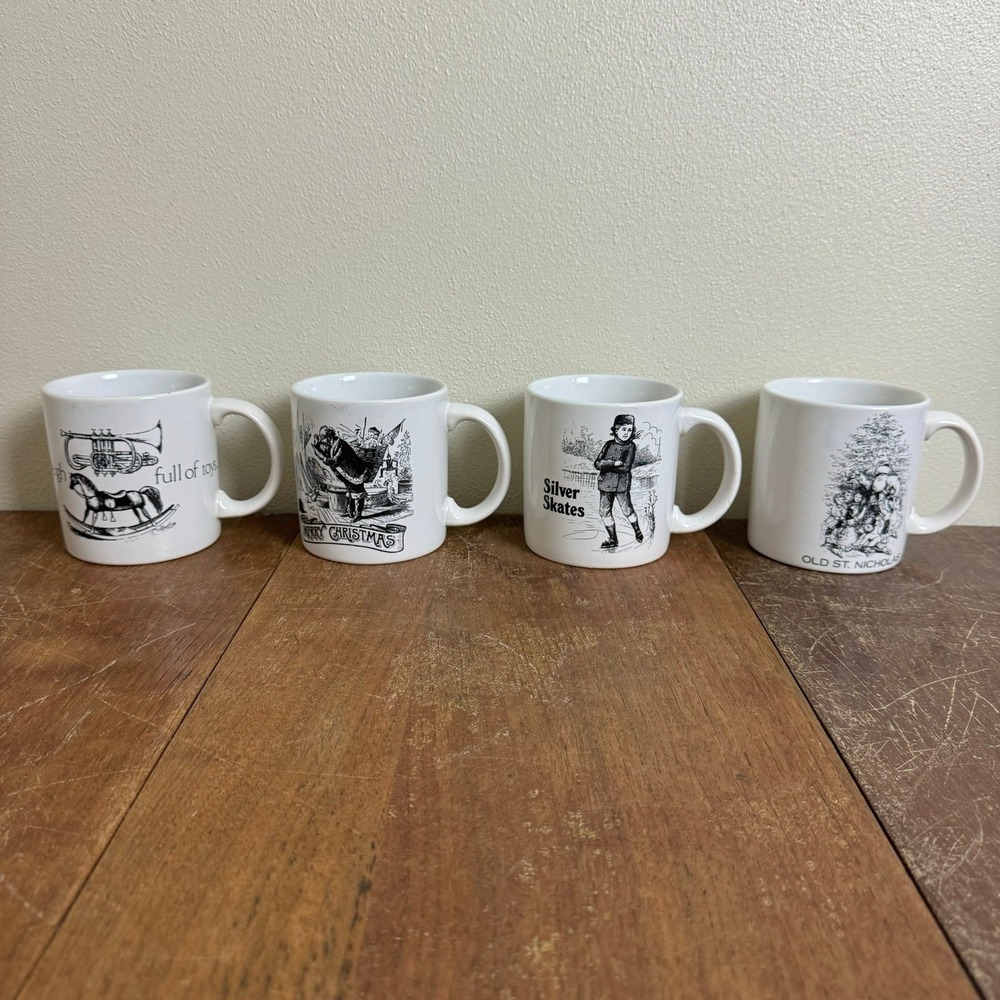 Vintage GHC England Christmas Mugs Set of 4 Black White‎ Old St Nicholas Skates